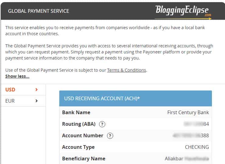 Payoneer U.S Account details