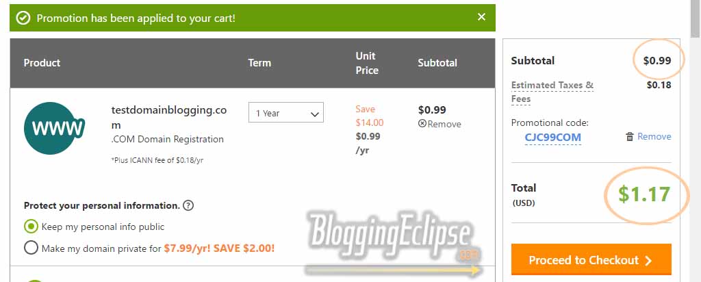 Godaddy $1 discount coupon shopping cart