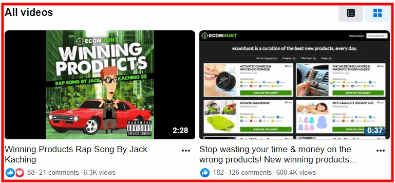 Ecomhunt Facebook Videos