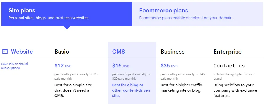 webflow pricing