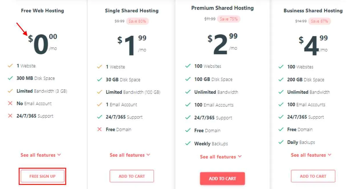 000WebHost Pricing Plans