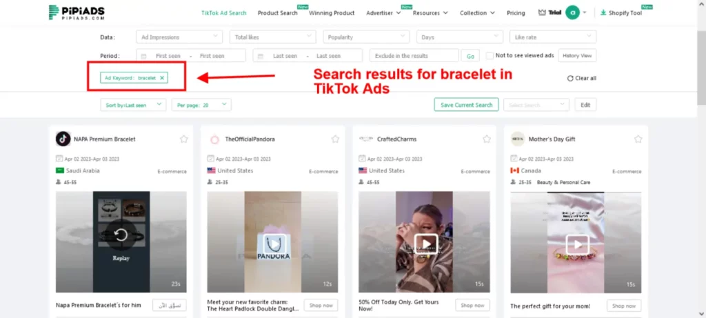 TikTok product search result page by PiPiADS