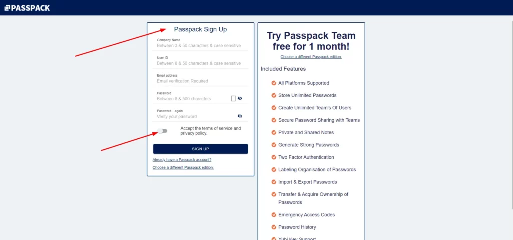 Signup for Passpack Free Trial