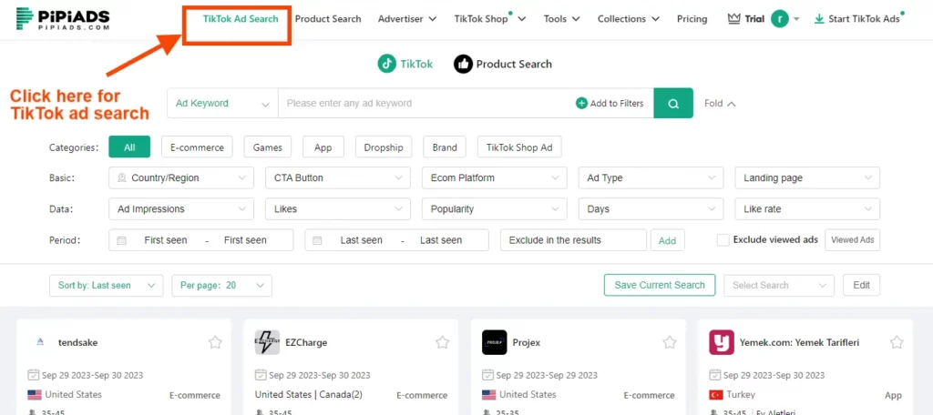 PiPiADS TikTok ad search option