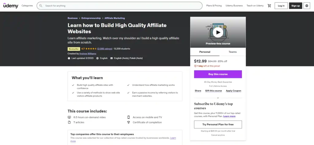 Learn How to Build High-quality Affiliate Websites- Udemy